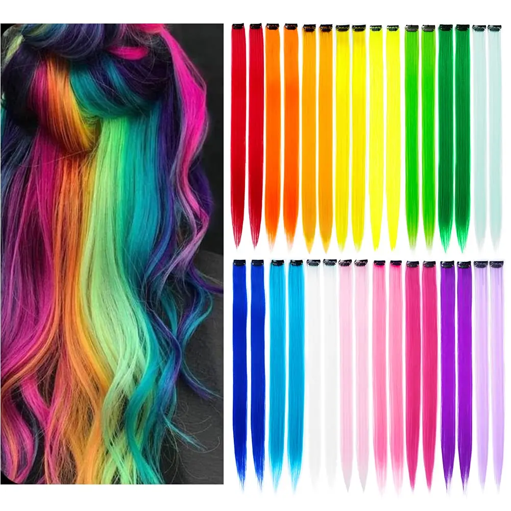 Halloween Fall Gift 32Packs Colored Hair Extensions 20Inch Straight Color Clip in on Hair Extension Rainbow Party Highlights Synthetic Hairpiece(16 colors)