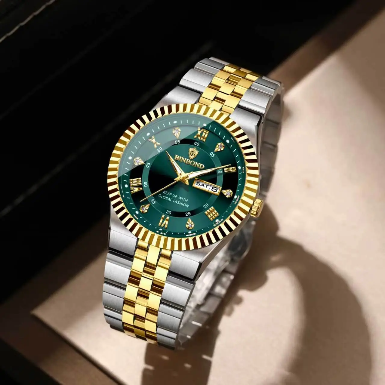 *BINBOND -- Men's Multifunctional Wristwatch, featuring an original Swiss movement, equipped with a date function, a 43mm dial, a sapphire crystal glass, a stainless steel strap, and a luminous and water-resistant design.