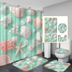 1pc/4pcs 2D Flat Seashell and Starfish Pattern Multi-Color Background Shower Curtain, Modern and Personalized Home Bathroom Art Decoration, Shower Curtain Set with 12 Hooks, Bathroom Non-Slip Mat, Toilet Seat Cover, Holiday Decoration