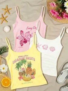 Women's 3-Piece Vest Set, Thin Strap Tank Top, Cream & Tops, Fruit Pattern, Casual Fashion, Summer Breathable, Fitted, Womenswear, Feminine