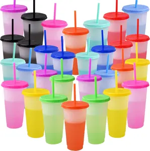 10 Count 24oz Color Changing Cups with Lids and Straws, Reusable Plastic Tumblers for Iced Coffee, Smoothies, Cold Drinks, Summer Parties and Everyday Use