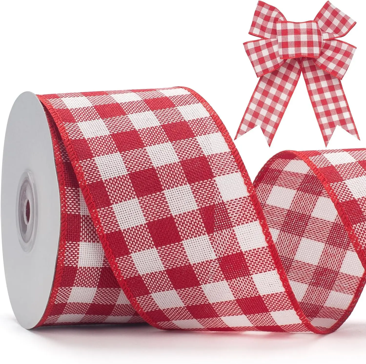 Buffalo Plaid 2.5 inch Wired Christmas Ribbon 10 Yard Red and White Plaid Check Burlap Ribbon for Big Bow Wreath Christmas Tree Decorations Outdoor Decor