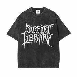 Unisex Men's Women's Heavyweight Acid Wash Oversized T-Shirt - Death Metal Font Support Your Local Library Graphic, WashedGrafx Funny Bookworm Book Lover Meme Retro Streetwear Top, Matching Garment Hem Pairing Option (Jeans, Jacket Compatible)