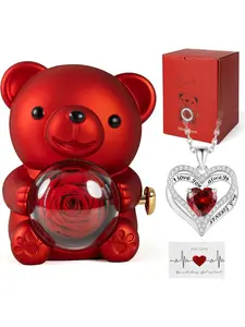 Romantic Teddy Bear Necklace with Eternal Rose and Engraved Heart, Elegant Gift Box, Perfect for Women, Valentine's Day, Wedding, Mother's Day, Anniversary Necklace, Stainless Steel Necklaces
