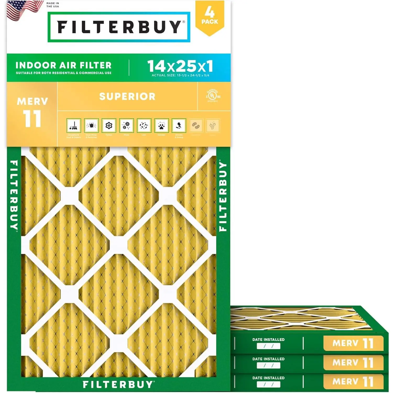 Filterbuy 14x25x1 Synthetic Media Air Filter (4-Pack), Pleated MERV 11 Allergen Defense HVAC AC Furnace Filters (Actual Size: 13.50x24.50x0.75 in)
