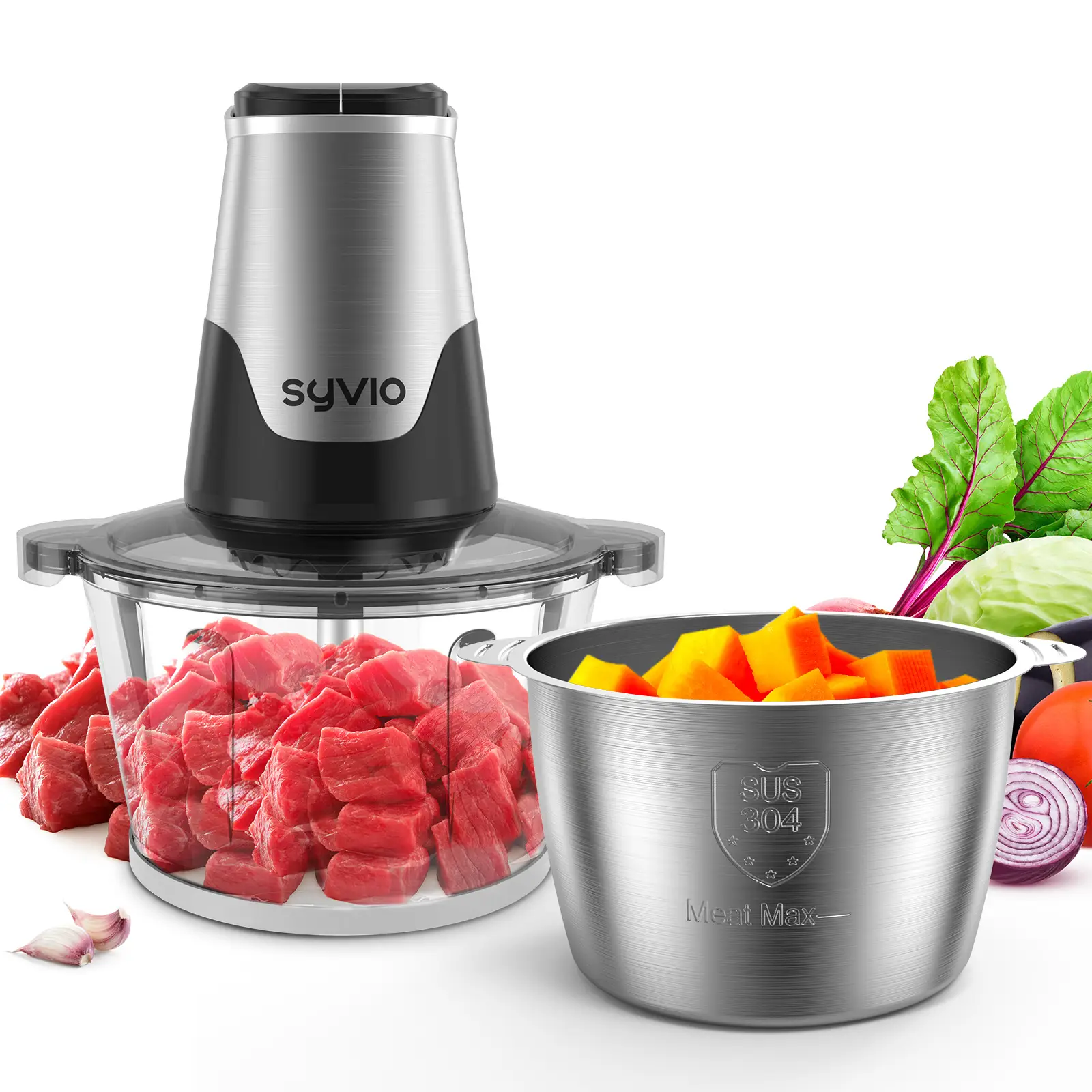 Big Promotion88Syvio Food Processors, Electric Food Chopper, Meat Grinder & Vegetable Chopper with Powerful 450W Copper Motor, 2 Bowls & 2 Sets of Bi-