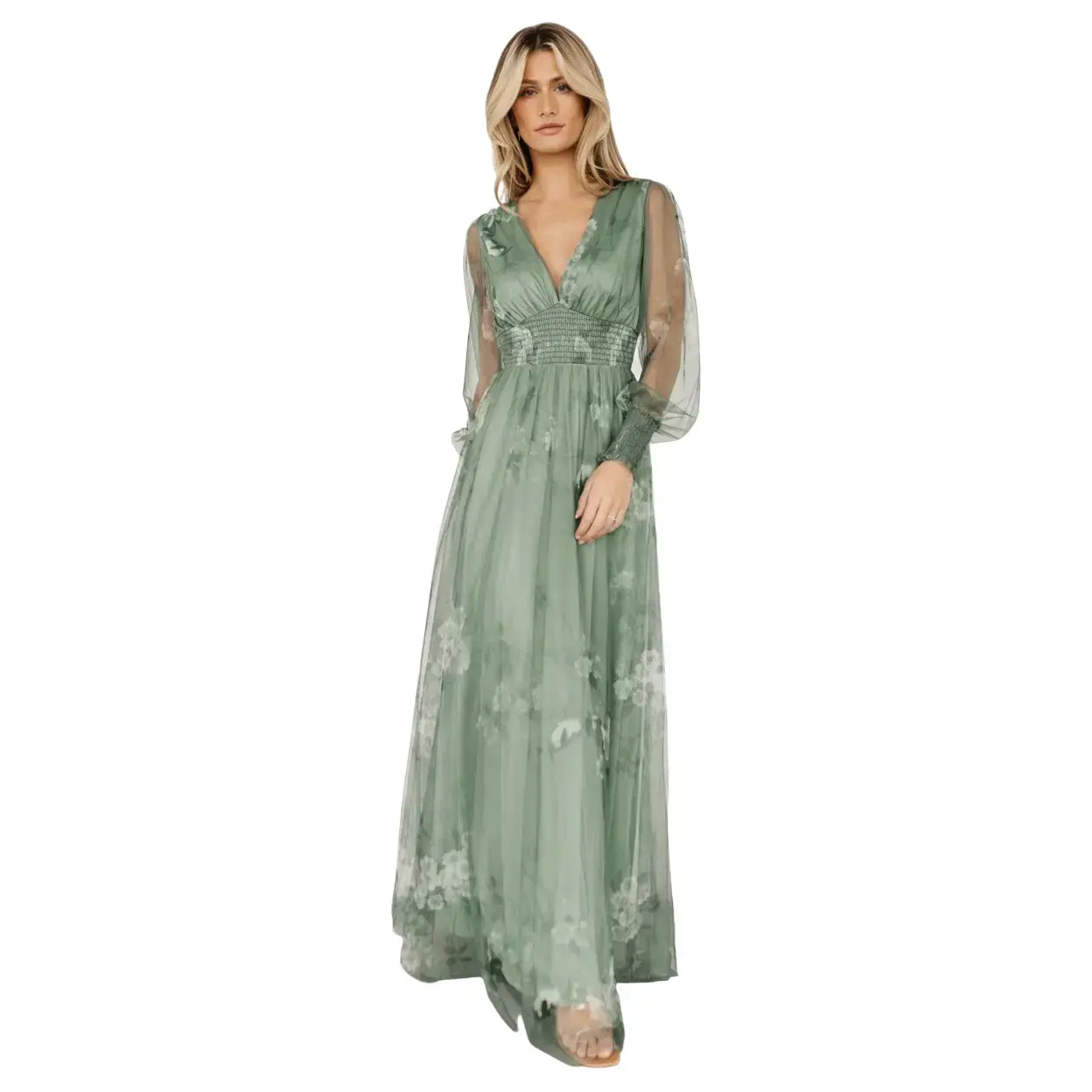 Women's Dressy Layla Tulle Maxi Dress - Dusty Green Floral, Polyester, Lightweight, Drape Fabric