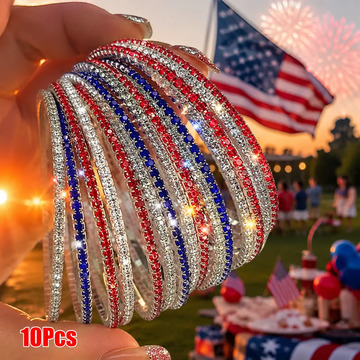 10pcs USA American Flag Bracelet for Women Rhinestone Crystal Red Blue White Bracelet 4th of July Decorations Gift