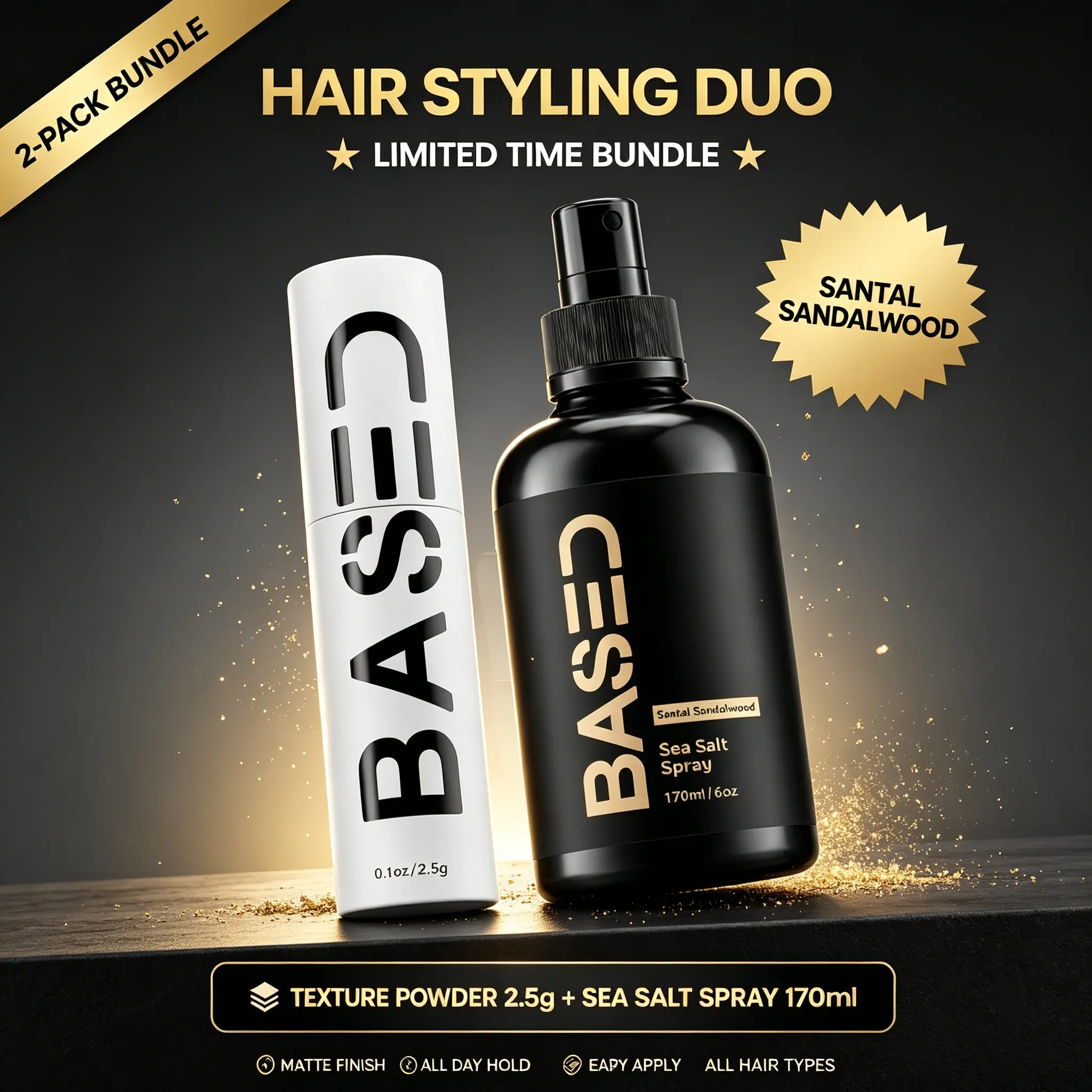 BASED Texture Essentials Bundle: Texturizing Powder & Sea Salt Spray - Lightweight Volume, Matte Finish, Natural Texture with Kelp & B5, Medium Hold for Short to Medium Hair, Paraben Free