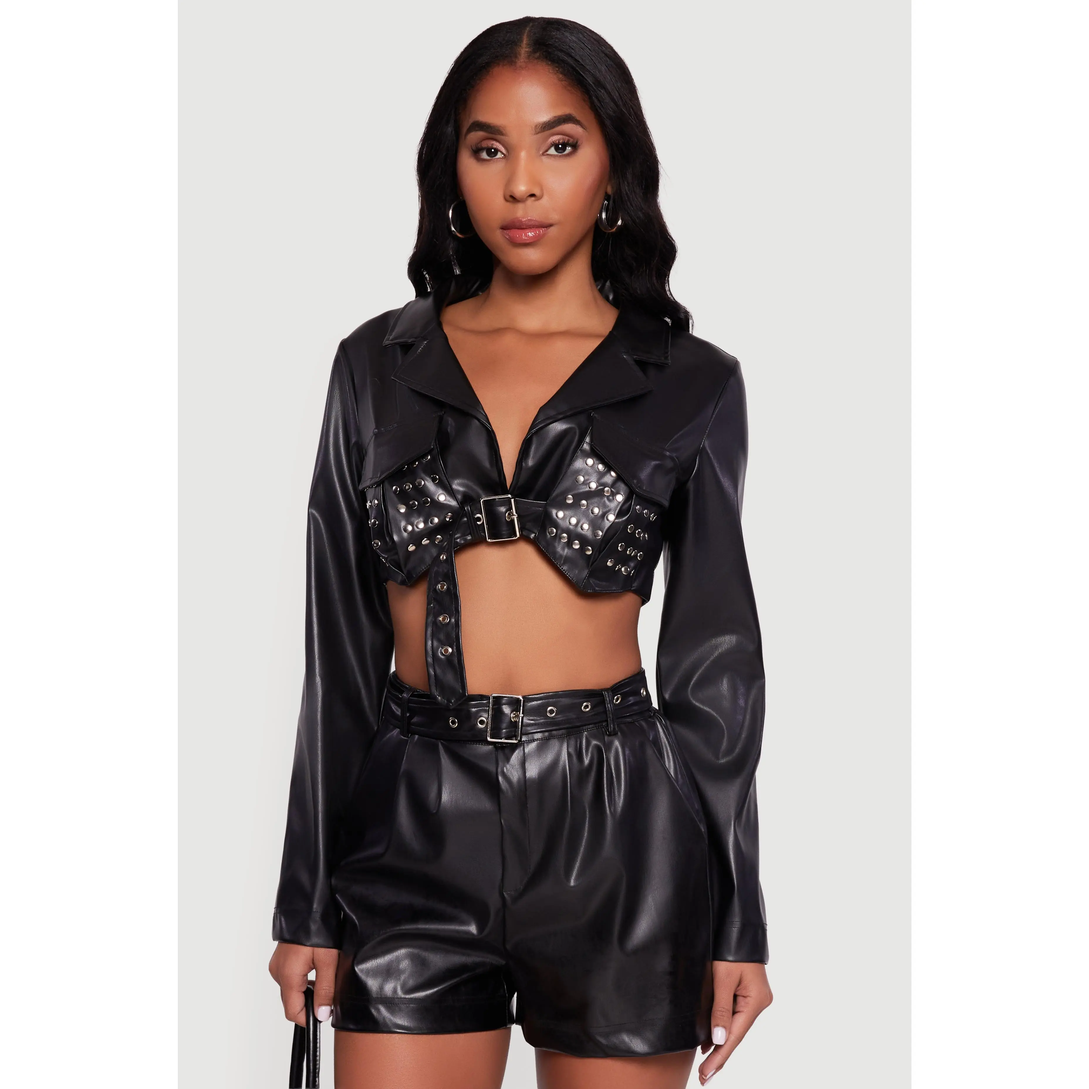 Faux Leather Cropped Belted Front Studded Jacket