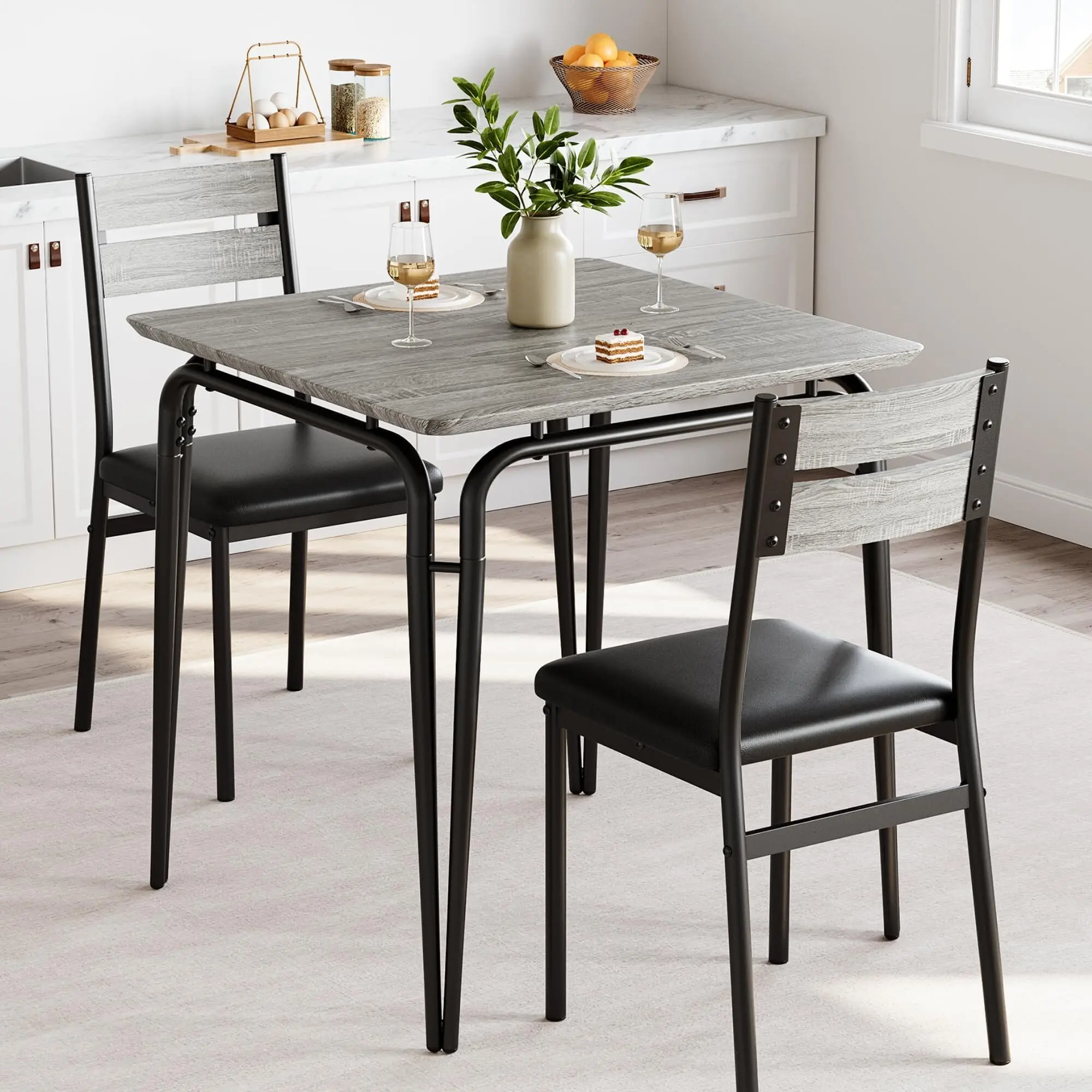 Square Dining Table Set for 2, Space-Saving 3-Piece Dinette with 2 Chairs, Modern Kitchen Furniture for Small Spaces & Apartments
