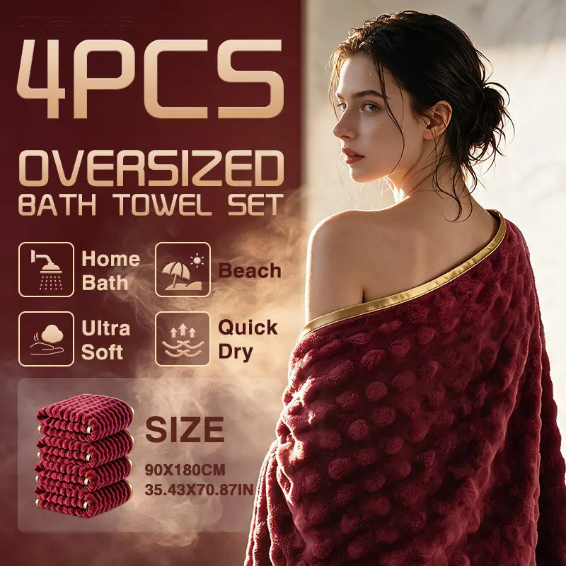 Luxury Bubble Coral Velvet Large Bath Towel Set of 4, Ultra Soft Absorbent Quick Dry Oversized Shower Towels with Gold Trim, Fluffy Plush Thick Body Towels for Bathroom, Hotel Spa Quality, Multi Colors Available for Adults Daily Use