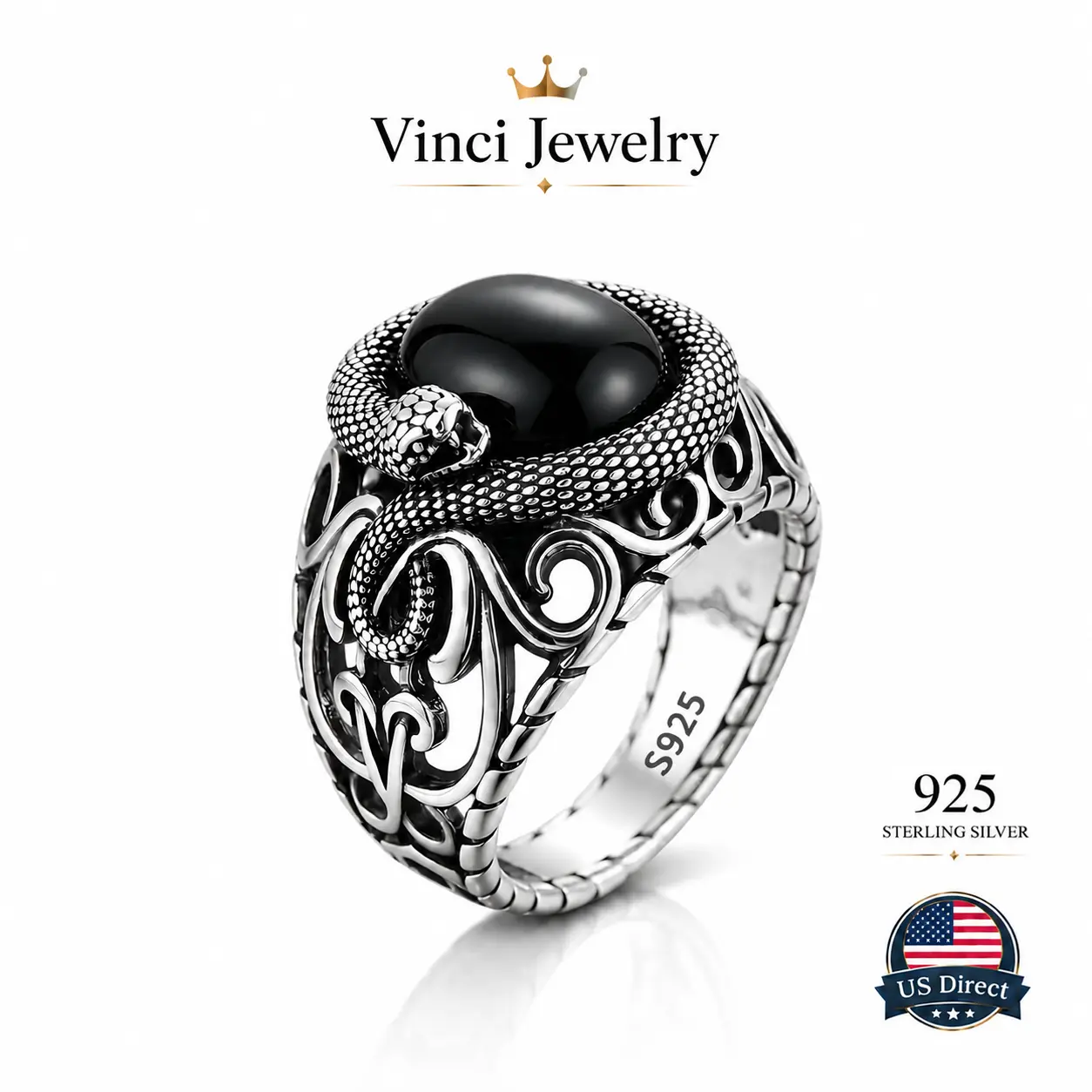 Vinci S925 Sterling Silver with Vintage Gothic Snake Ring for Men and Women, Gothic, Punk Style Charm Ring, Dark Aesthetic Ring attractive with Black Synthetic Obsidian, Birthday gift, for Hip Hop punk style Statement Ring Beautiful Rings
