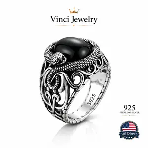 Vinci S925 Sterling Silver with Vintage Gothic Snake Ring for Men and Women, Gothic, Punk Style Charm Ring, Dark Aesthetic Ring attractive with Black Synthetic Obsidian, Birthday gift, for Hip Hop punk style