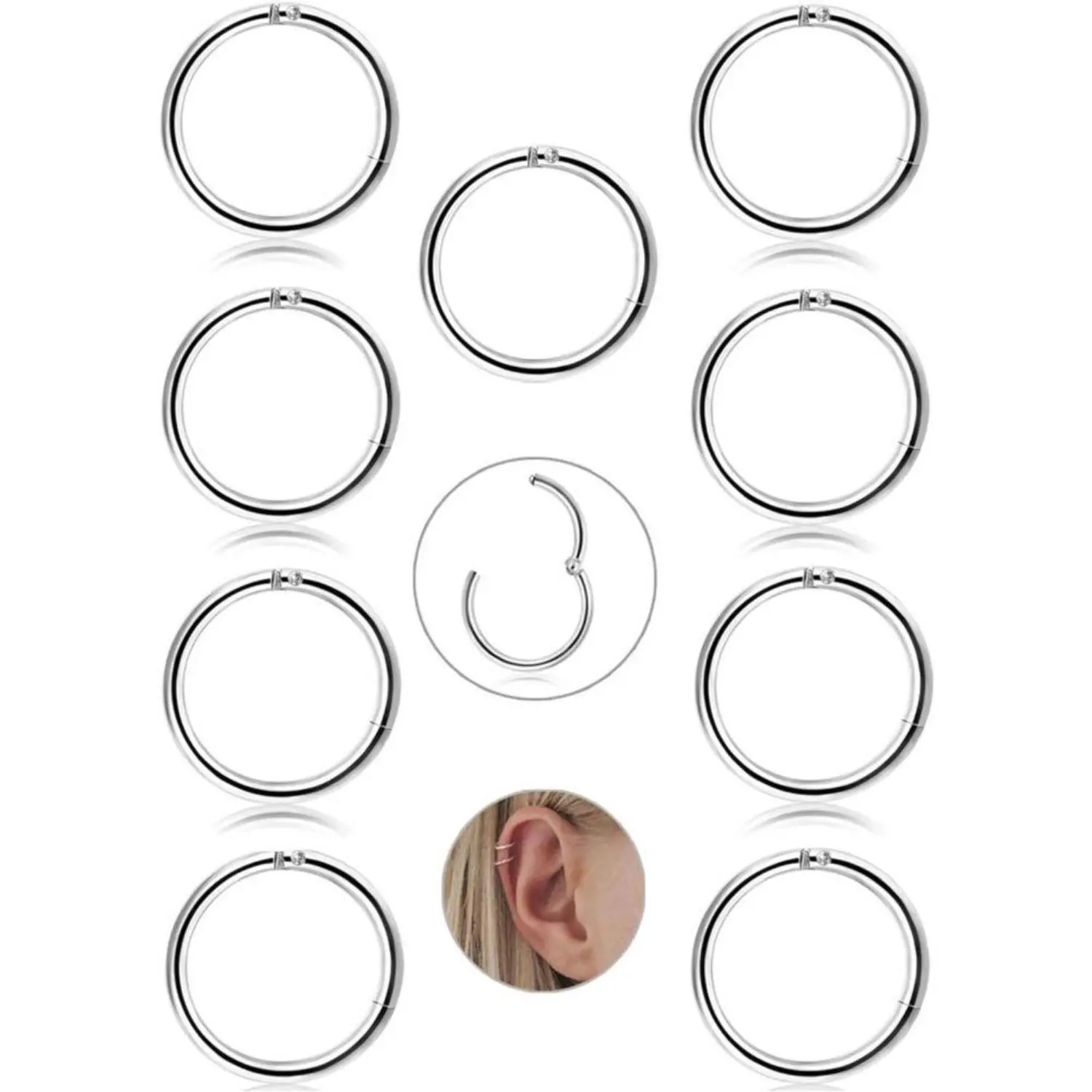 CASSIECA 9-Count 16g Stainless Steel Hinged Nose Hoops - Solid Metal Flexible Hinge Simple Design Women's Hoop Piercing Jewelry for Cartilage, Helix, Septum Piercings