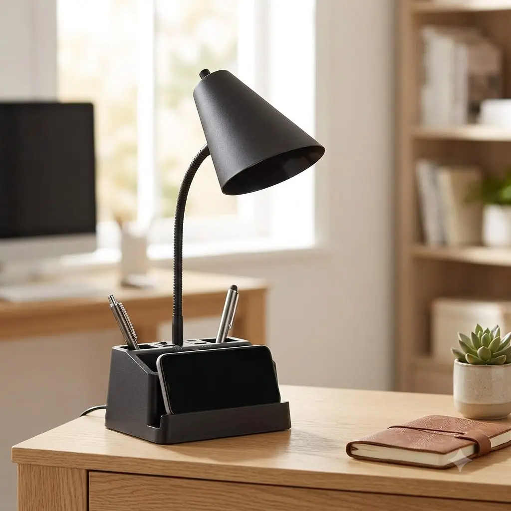 Mainstays 15" Organizer Desk Lamp, Matte Black, Adjustable Gooseneck, USB Port & AC Outlet, Phone & Tablet Holder