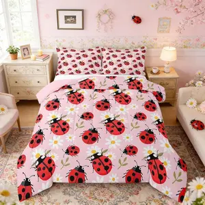 Cute Ladybug Comforter Set Cartoon Dasiy Flower Bedding Set Wild Animal Theme All Season Quilt Set Green Botanical Leaves Bedding Comforter Sets