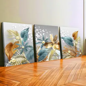 3Pcs Wooden Framed Canvas Painting, Gold Teal Leaves Butterflies Pearls Pattern, Exquisite Poster, Home Decoration, Pattern Wall Art Decor, For Living Room, Bedroom, Office, Restaurant, Bar Wall Decor, Waterproof, Odorless, Painting, Print Artwork.