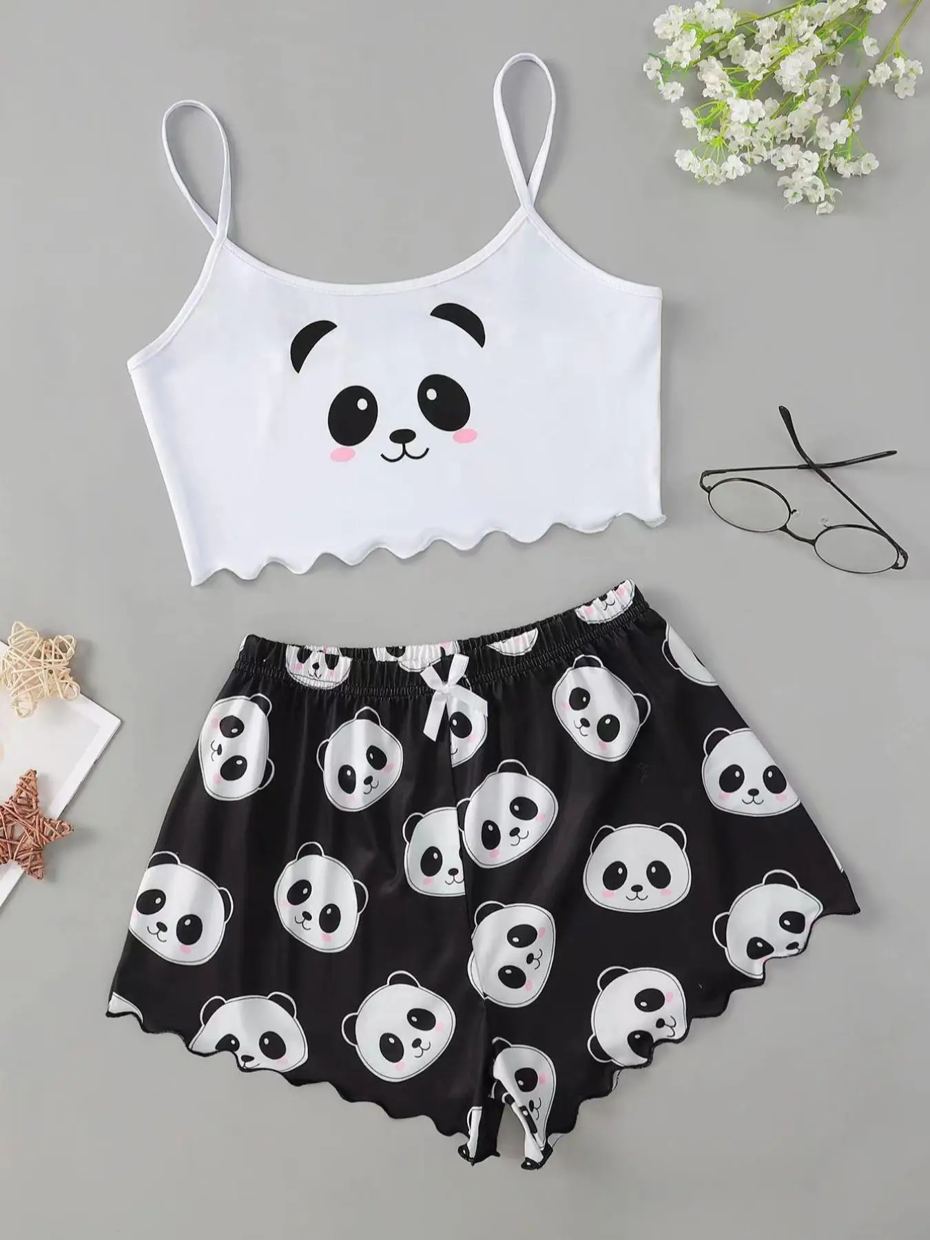 Two Counts Women's Cartoon Panda Print Lettuce Trim Cami Top & Elastic Waist Shorts Pyjama Set, Summer Clothes Women, Casual Loungewear, Summer Wear 2
