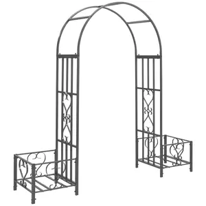 Outsunny 6.7' Steel Garden Arch Arbor with Scrollwork Hearts, Flower Planter Boxes, for Climbing Vines, Weddings, Backyard Dark Gray