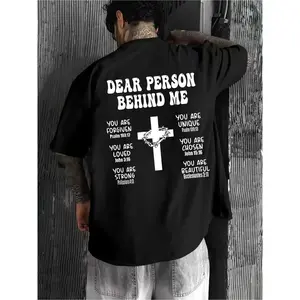 Menswear Men's T-Shirt, Men's T Shirts Top - Black Round Neck Regular Sleeve Graphic Tee with Bold "DEAR PERSON BEHIND ME" Design, Inspirational Bible Verses, Unique Cross and Crown of Thorns Motif, Relaxed Fit, Flared Hem, Casual Wear Comfort