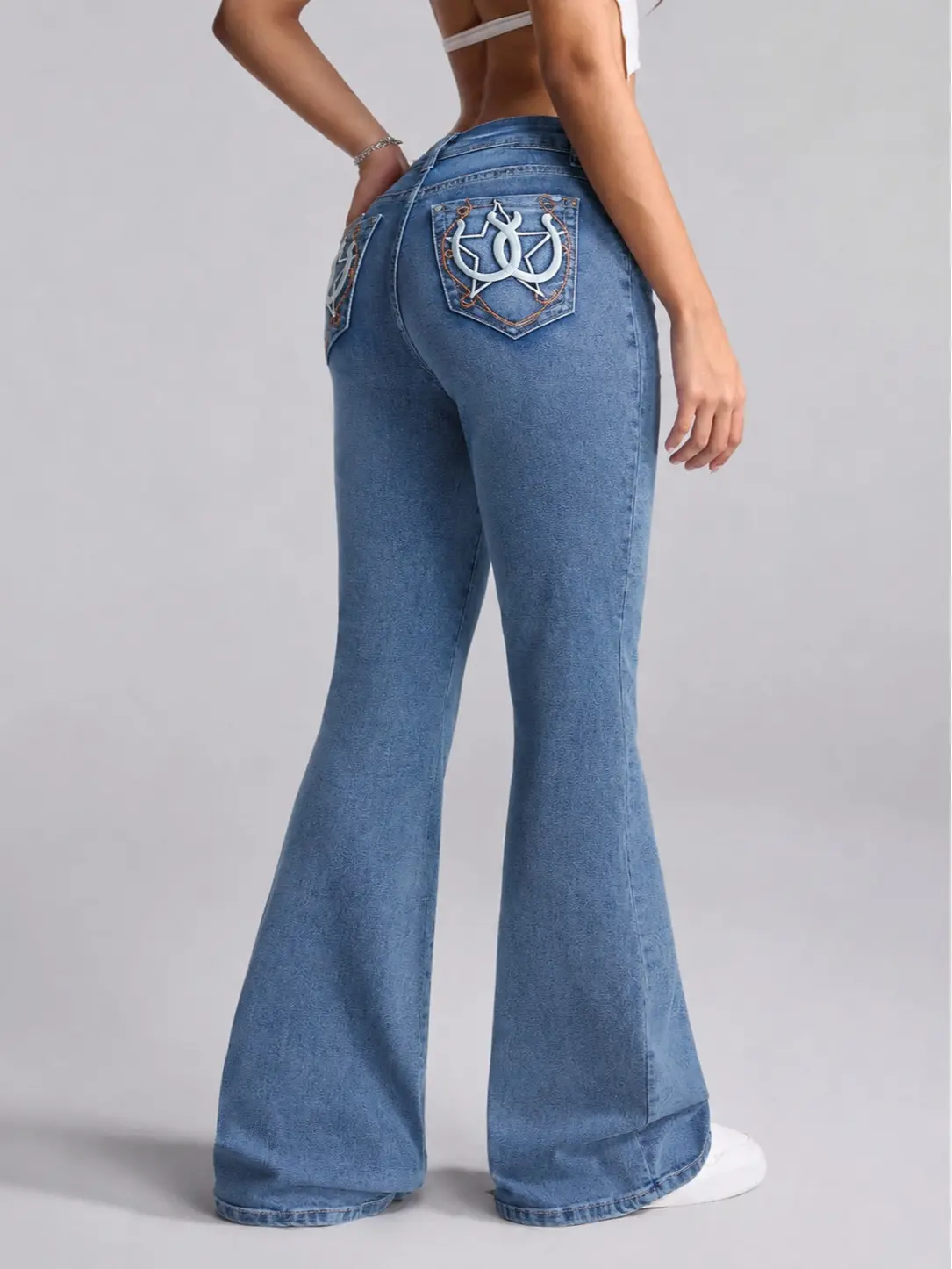Women's Medium Blue Vintage Washed Super Stretch High-Waist Jeans, Womenswear, Contrast Orange Stitch Pentagram Embroidery Back Pockets, Butt-Lifting Flared Bootcut Bell Bottom Denim Trousers, Retro Y2K Cowgirl Casual Long Pants