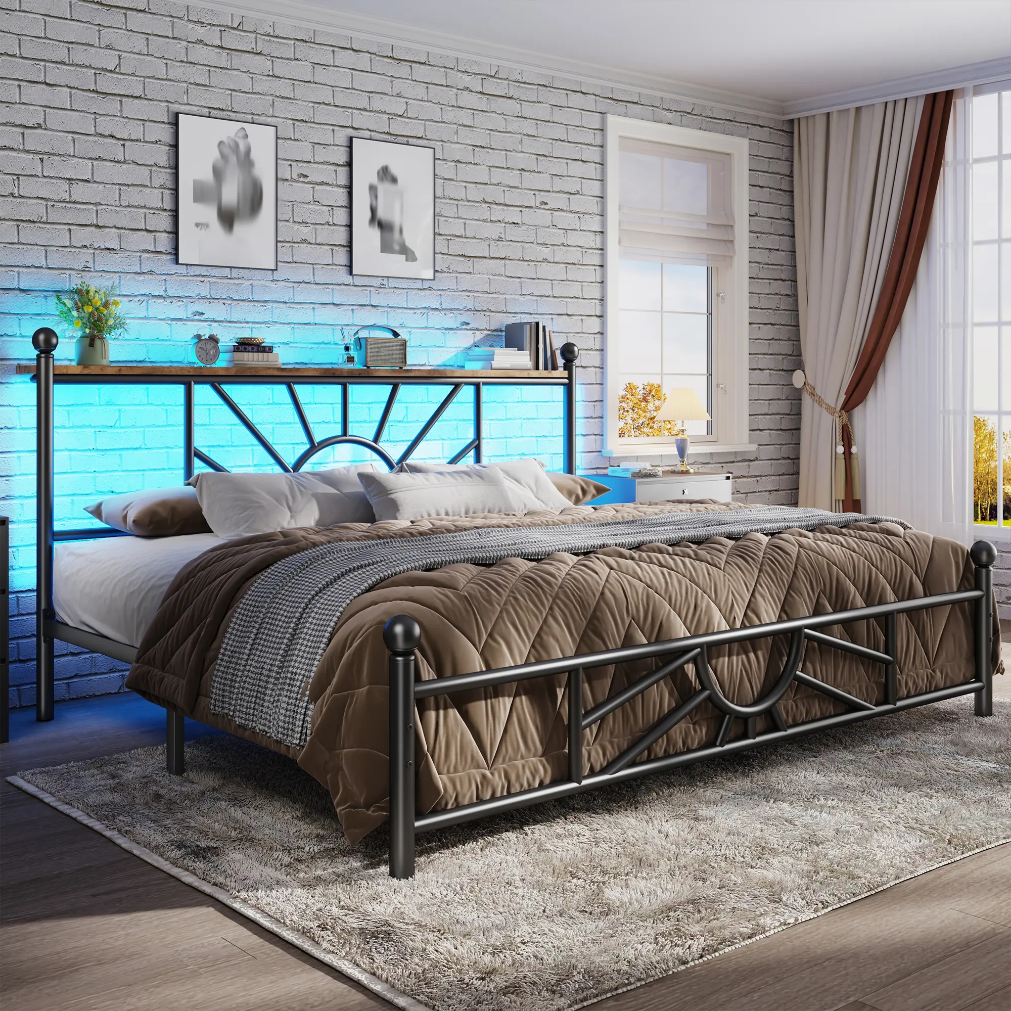 【1300 lbs Capacity】Modern Style King Queen Full Metal Bed Frame with Headboard & LED, NO MATTRESS,Under Bed Storage Space & Strong Metal Slats, Iron Bed Frame, Noise-Free, Easy Assembly, Modern Bedroom Furniture,Easy Assembly,Black