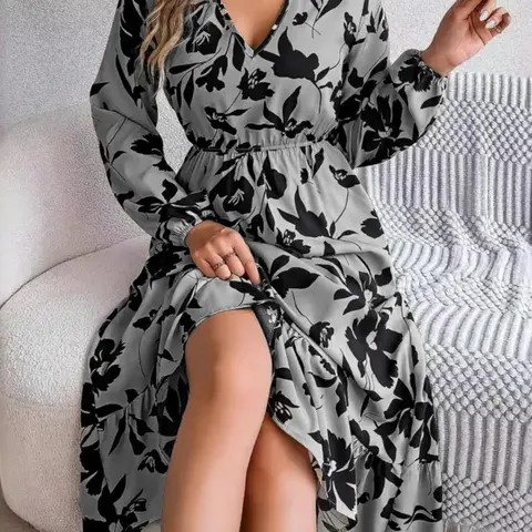 Dress Elegant Style High-End Versatile Suitable for Various Occasions, Long Sleeves Floral Pattern Fitted Dress for All Seasons