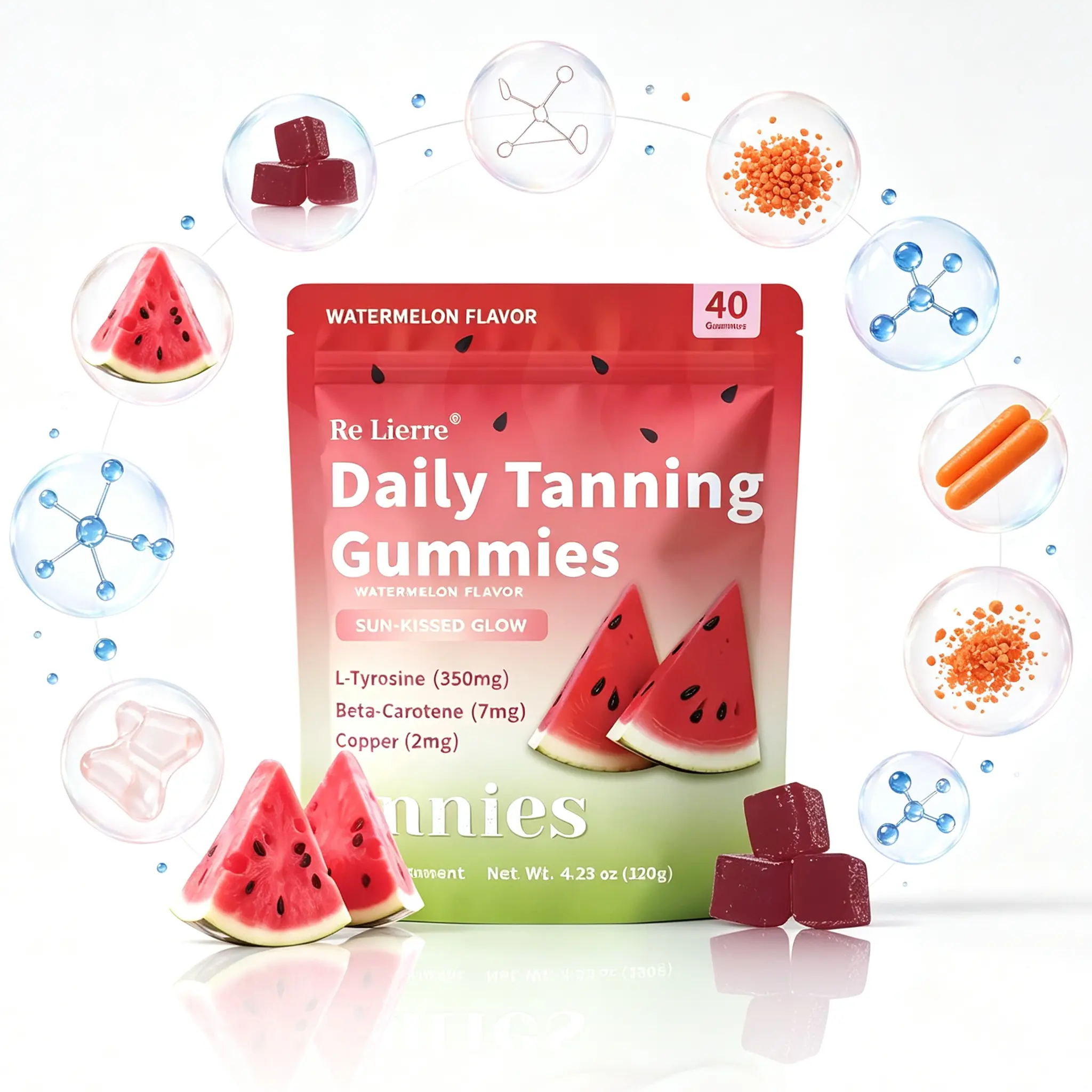 Re Lierre-Daily Tanning Gummies, Watermelon Flavor Sun-Kissed Glow Support Supplement with L-Tyrosine, Beta-Carotene & Copper,oral tanning gummies,oral tanning gummies,beta carotene supplement, health supplement，40 Gummies Per Pouch