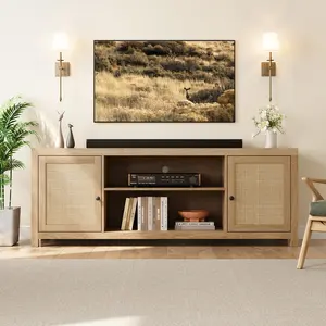 YJ-Garvee Rattan Entertainment Center in Natural Oak with 2-Tier Storage, Boho Wooden Media Console Cabinet for Living Room, Bedroom, or Office, Fits Up to 75 Inch Screens, 66 Inches Wide