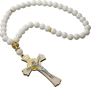 Car Rosary for Rearview Vehicle Mirror, Rosary Beads Catholic for Women, White Rosary for Men, Cross for Car Mirror Hanging, Medal Cross Saint Benedict Rosary for Car & Truck - Christian Gift