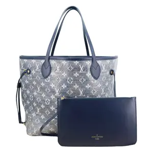 Pre-owned Louis Vuitton Jacquard Tote Bags Neverfull MM Monoglam Tote Bag Navy Blue