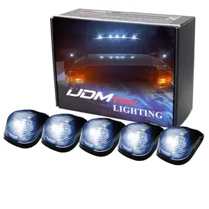 iJDMTOY Black-Out Smoked Lens Xenon White LED Illuminated Cab Roof Clearance Marker Lamps For Truck SUV 4x4, 5-Piece Roof Running Light Set Powered by (5) 5050-SMD LED Bulbs
