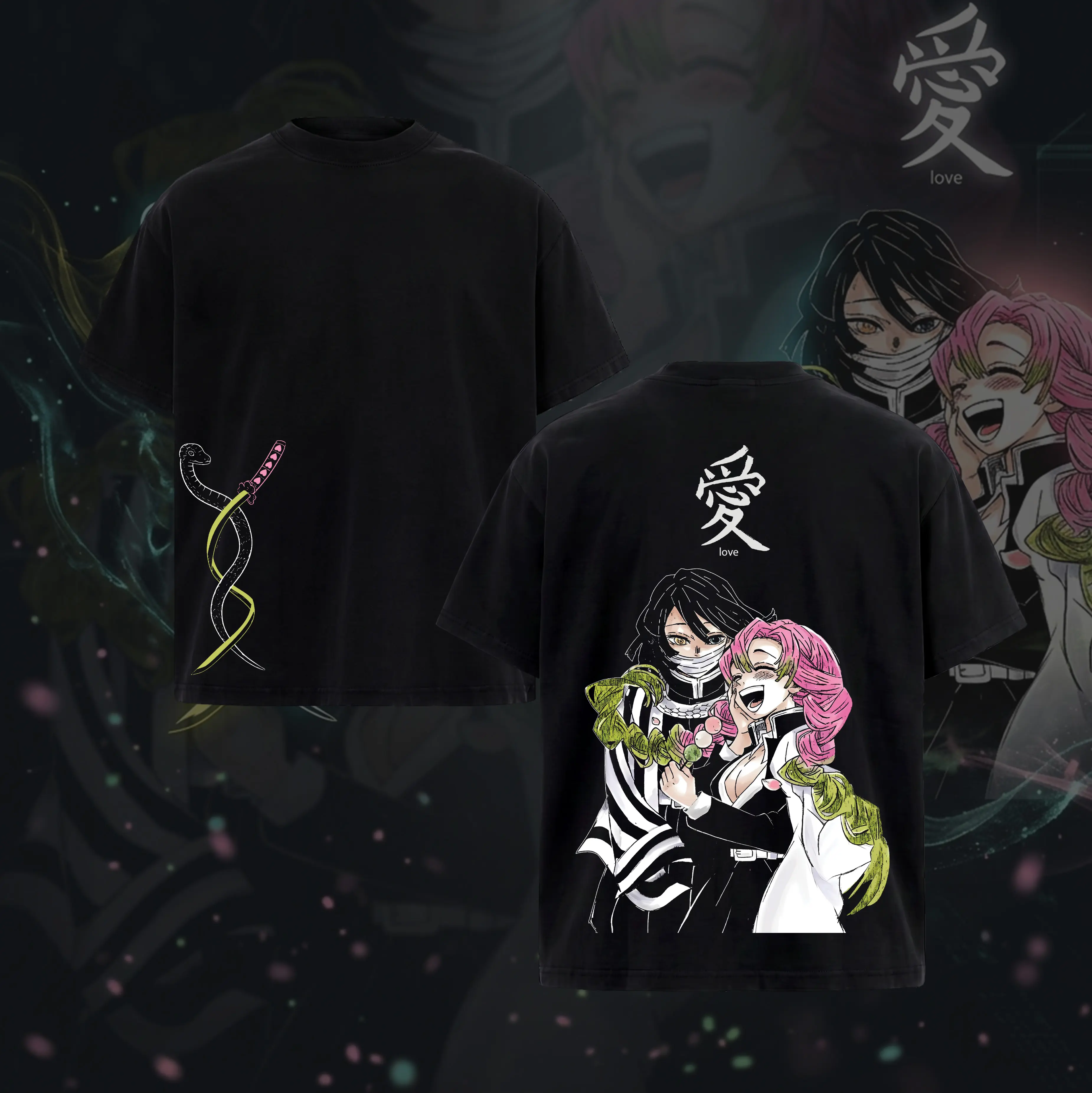 Love Hashira Mitsuri Kanroji x Obanai Iguri Serpent Hashira Demon Slayer Kimetsu No Yaiba Anime Double Printed Acid Washed Soft Menswear graphic tee