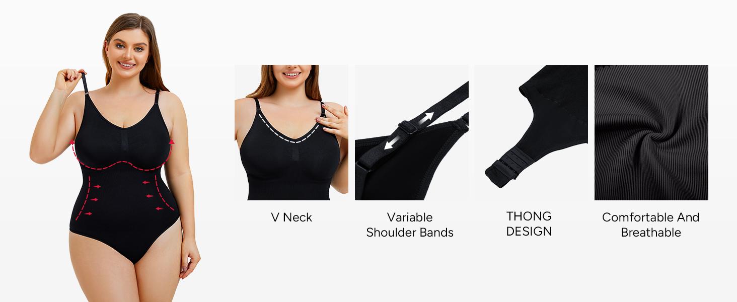 Nebility Women's V-Neck Thong Bodysuit - Sleeveless Faja Shapewear, Tummy Tuck Compression, Basic Minimalist Comfort (Black) Womenswear Vneck