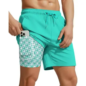 7 Inch Men Swim Trunks with Compression Liner Quick Dry Drawstring Male Swimtrunks for Beach Summer Water Park