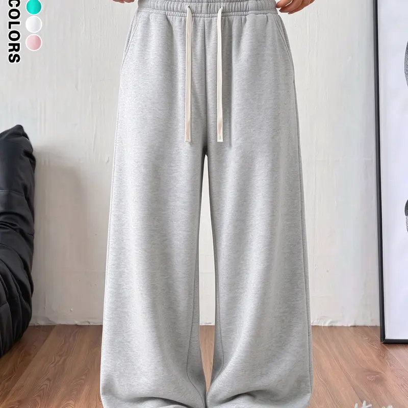Women’s thick fleece-lined wide-leg sweatpants, loose straight-cut cotton jogging pants with a fluid drape, elastic waistband, casual long lounge pants for autumn and winter that are warm and substantial, suitable for everyday wear, running, workouts at t