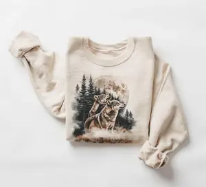 Retro Wolves Howling At The Moon Sweatshirt, 90s Wolf Foggy Forest Wilderness Outfit, Boho Unisex Crewneck Sweatshirt