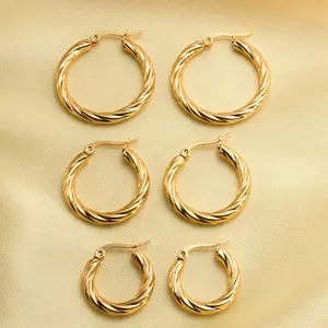 Vintage Twisted Hoop Earrings for Women Gold Color Plated Stainless Steel Twist Ear Buckle Stackable Circle Hoops Party Jewelry 3pair Set