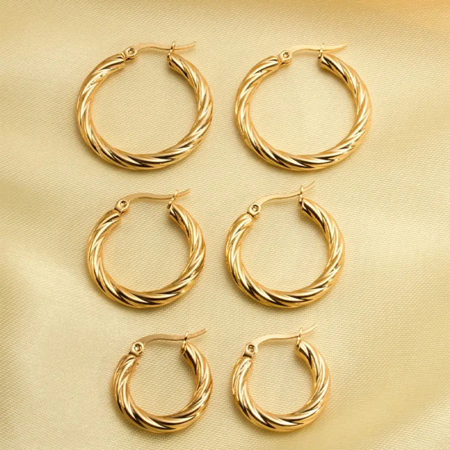 Women's Vintage Gold-Plated Stainless Steel Twisted Stackable Hoop Earrings - Circle Shape, Hoop Shape, Twist Ear Buckle, 3-Pair Fashion Sets for Parties, Circle Shape Earrings, Hoop Shape Earrings