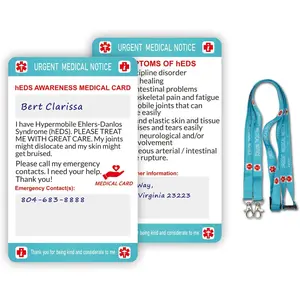 2pcs Danlos Syndrome hEDS Medical Card with Writable Panel and Patterned Lanyard Emergency Contact Card