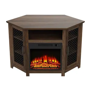 45" Corner TV Stand with 18" Electric Fireplace & Metal Mesh Doors