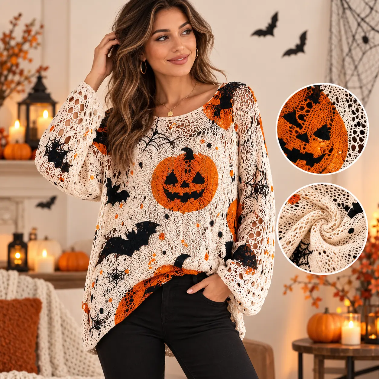 Women’s Halloween Pumpkin & Bat Crochet Knit Pullover, Long Sleeve Open-Knit Sweater, Relaxed Fit Casual Fall Top