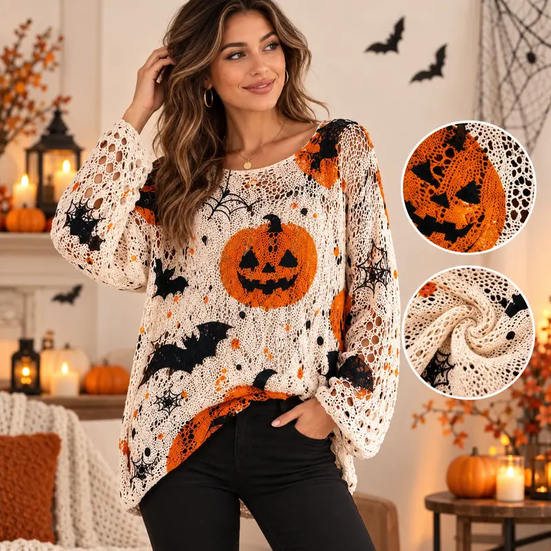 Women’s Halloween Pumpkin & Bat Crochet Knit Pullover, Long Sleeve Open-Knit Sweater, Relaxed Fit Casual Fall Top
