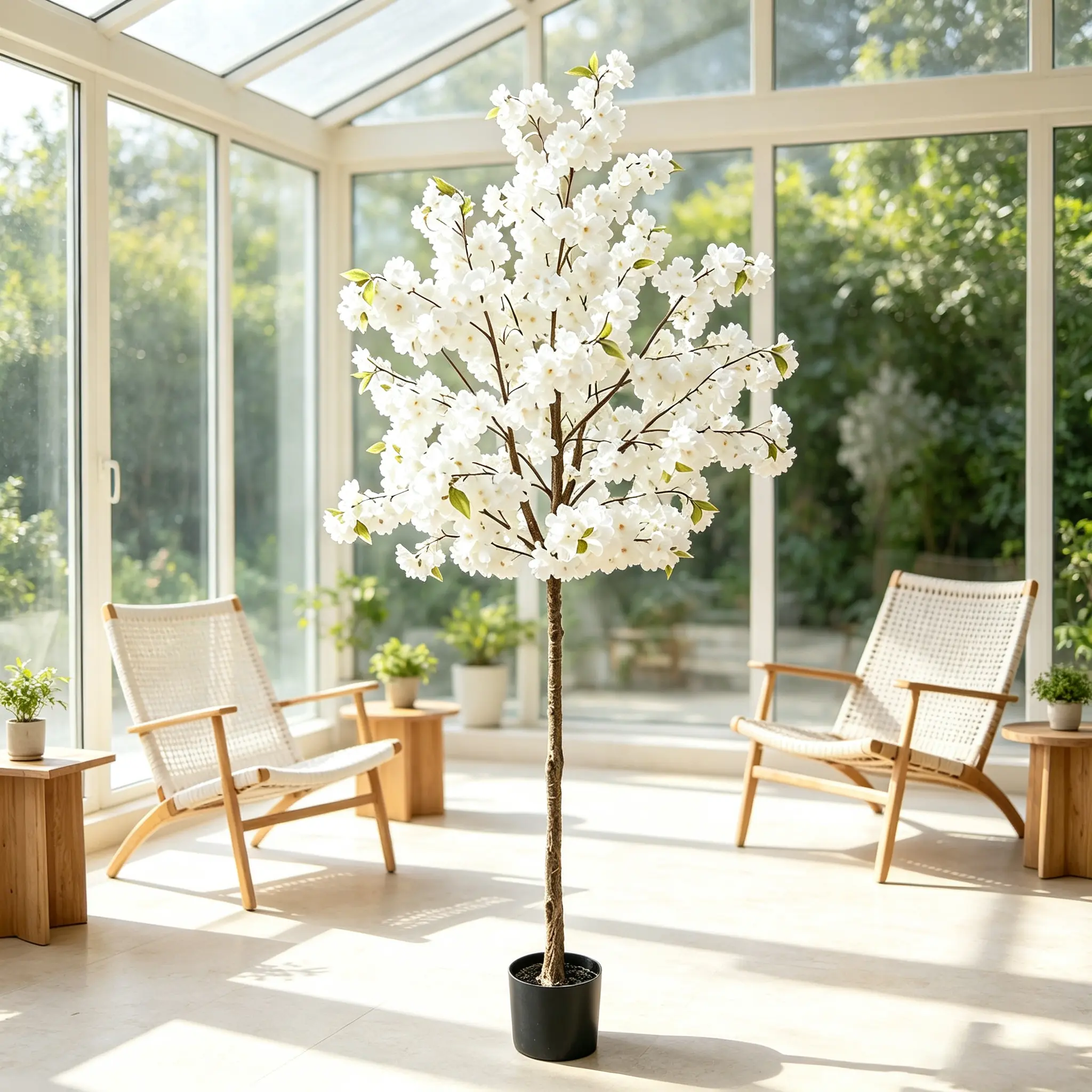 Large Plastic Decorative Floral Artificial White Cherry Blossom Tree - Faux Potted Floor Plant, Entryway & Living Room Decor, Gift for Indoor Home Events