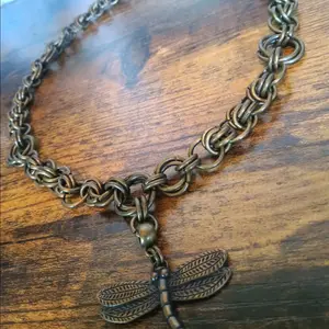 Chunky Bronze Chainmail Necklace with Dragonfly Pendant