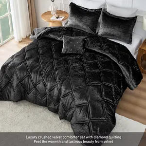 Crushed Velvet Comforter Set  Diamond Quilted Luxury Bedding | Soft Plush, Hypoallergenic Fill 4PCS | Glam Bedroom Upgrade