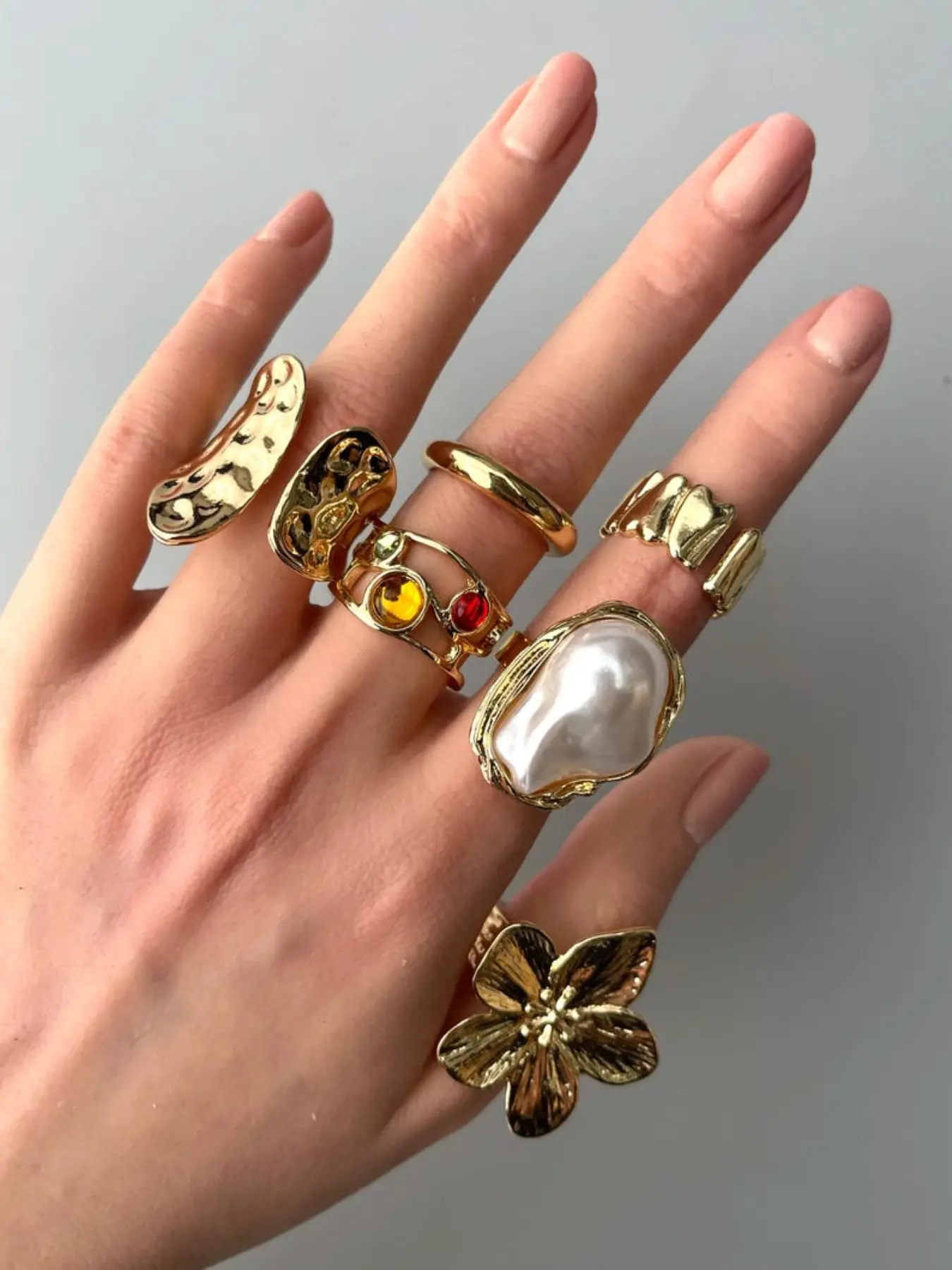 6-piece Set of French Retro Flower Baroque Imitation Pearl Opening Ring Stacking Set, Beautiful Rings, Vintage Rings Jewelry, Feminine Temperament Party Vacation Design Ring Set, Stackable Ring