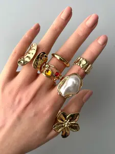 6-piece Set of French Retro Flower Baroque Imitation Pearl Opening Ring Stacking Set, Fashionable and Elegant Feminine Temperament Party Vacation Design Stackable Ring Set, Bohemian Stackable Rings