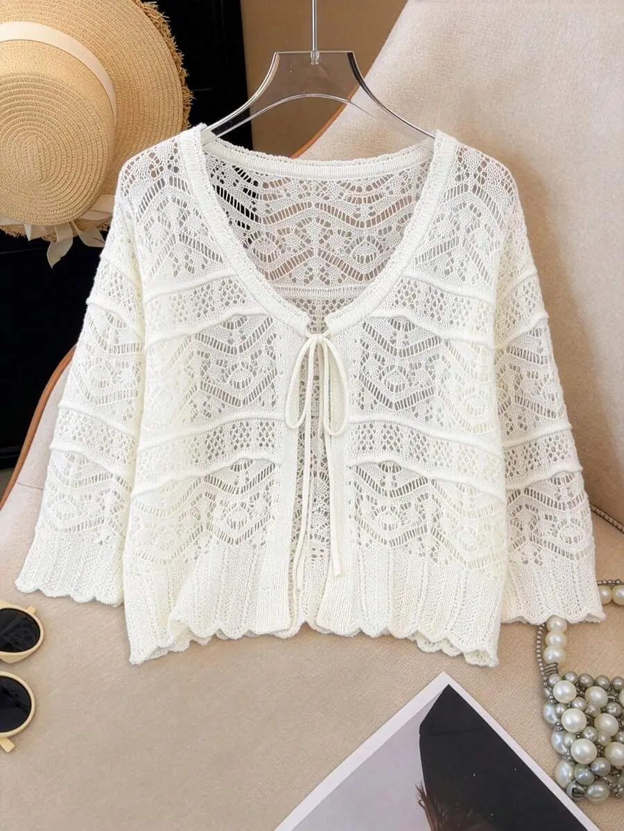 LUNA LAYER Plus Size Elegant Hollow Out Cardigan Women 3/4 Batwing Sleeve V Neck Bow Tie Summer Fall Cover Up Top Beige